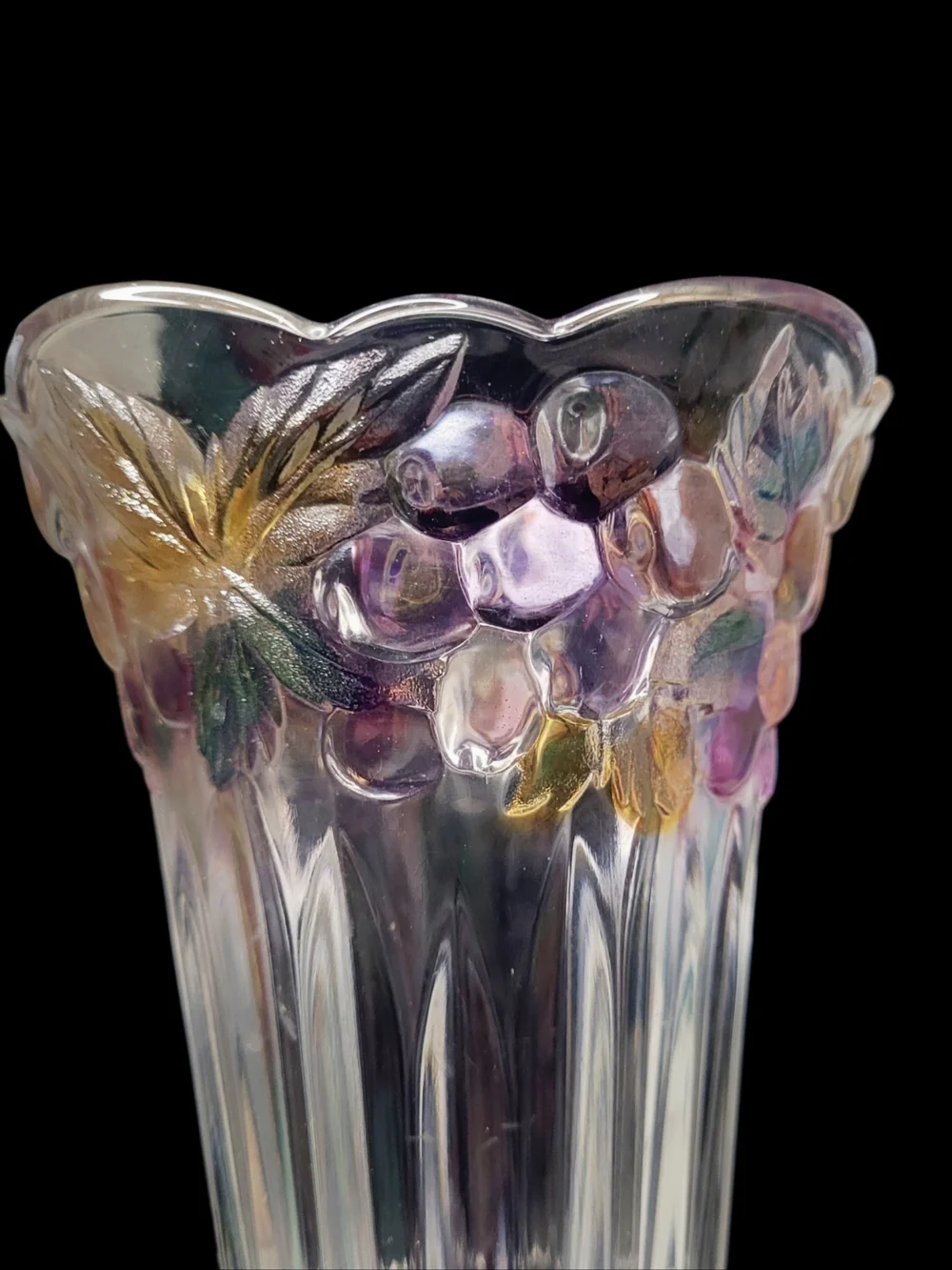 Vintage Crystal Scalloped Rim Vase with Purple and Gold Grape Vine Accents - Picture 6 of 7